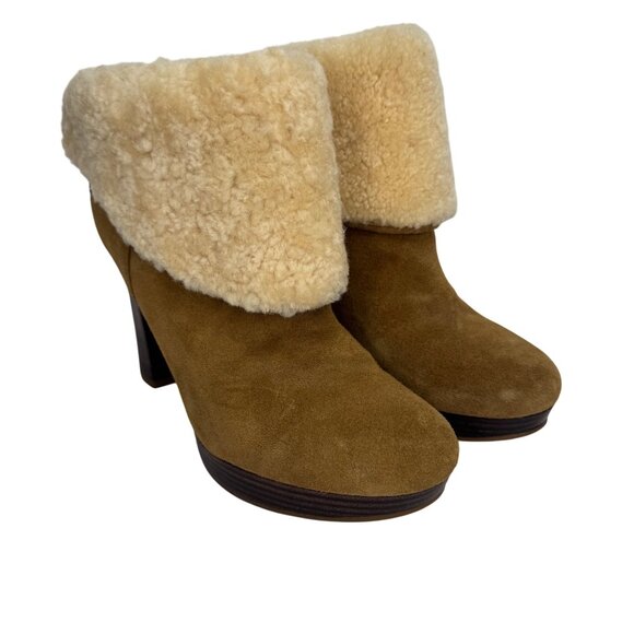 UGG Tan Suede‎ High Heel Boots With Shearling Cuff & Wooden Block Heel Size 7.5 - Picture 1 of 8